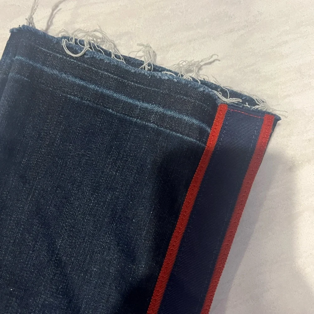 Veronica Beard Dark Blue Cropped Jeans with Red Side Stripes, hem is a raw edge - Picture 9 of 12